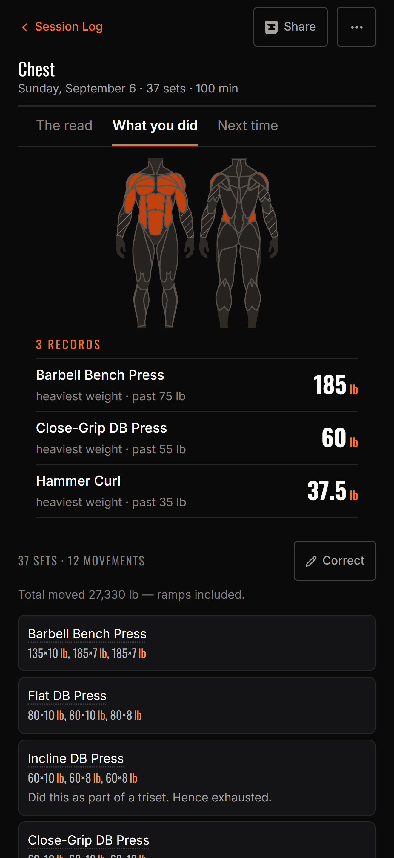 What you did: three personal records, 37 sets across 12 movements, and every set logged.
