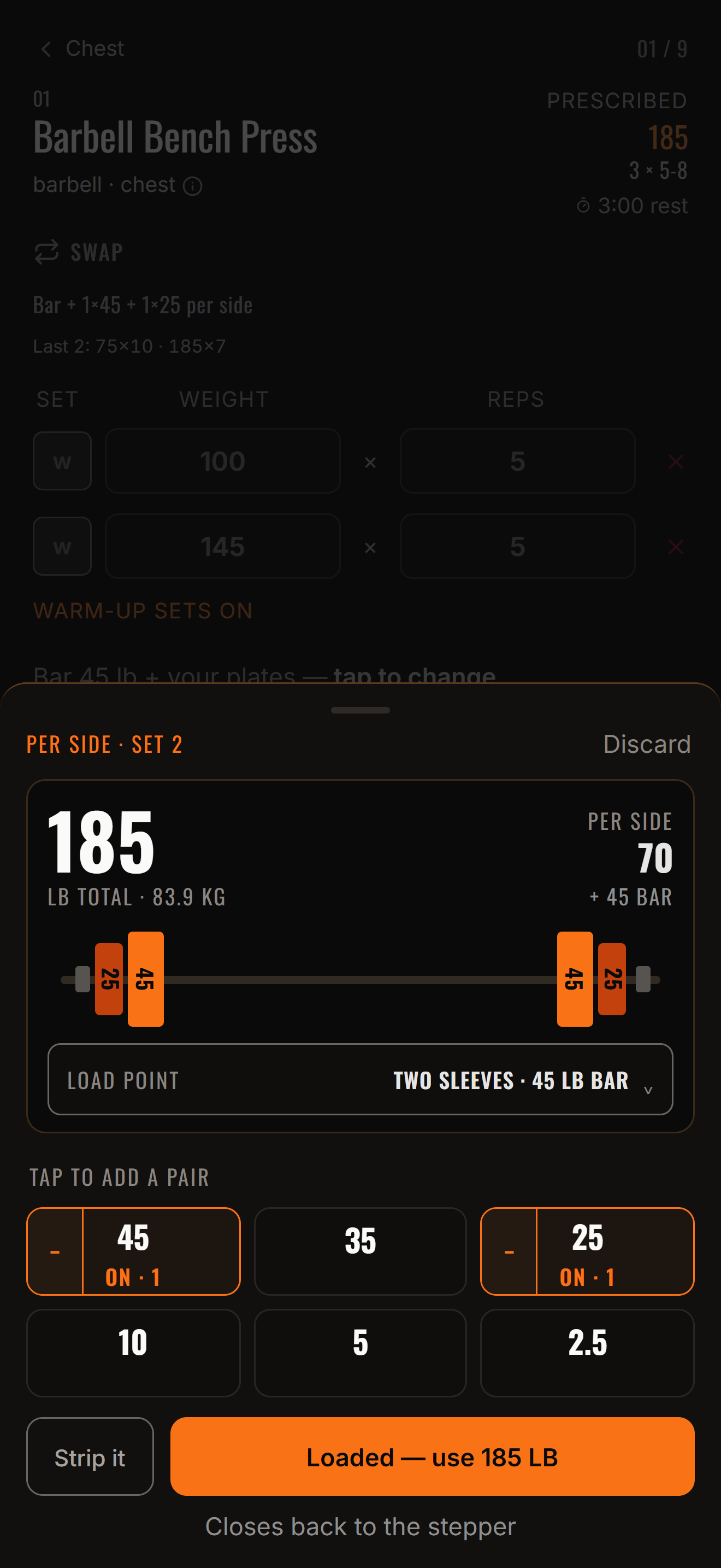 The plate calculator: 185 lb total shown as 45 and 25 per side on a 45 lb bar.